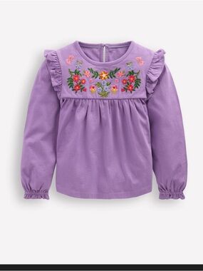 Mini Boden Lavender Long-Sleeve Top with Colorful Floral Embroidery